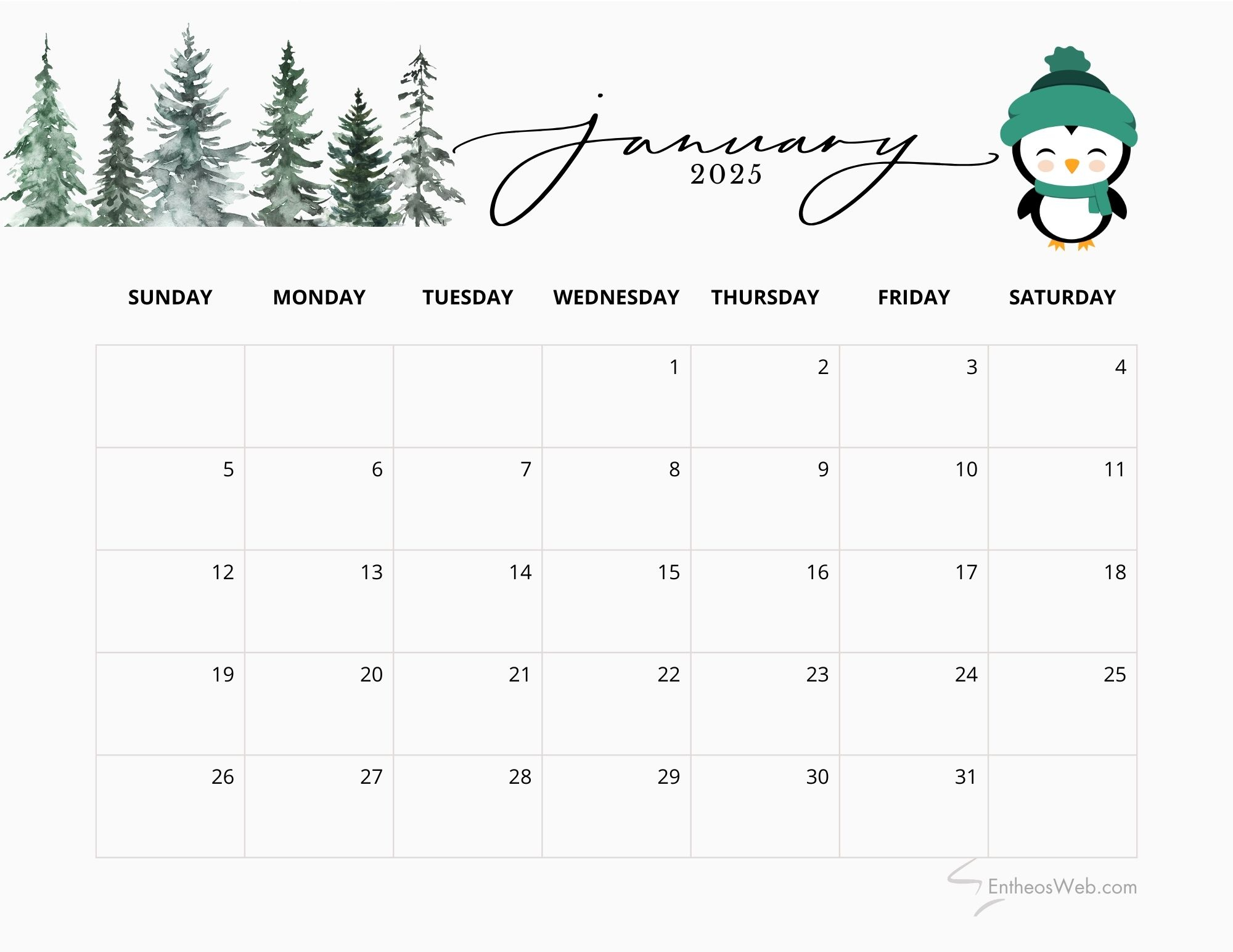 January 2025 Calendars | Entheosweb | January 2025 Calendar Planner Printable