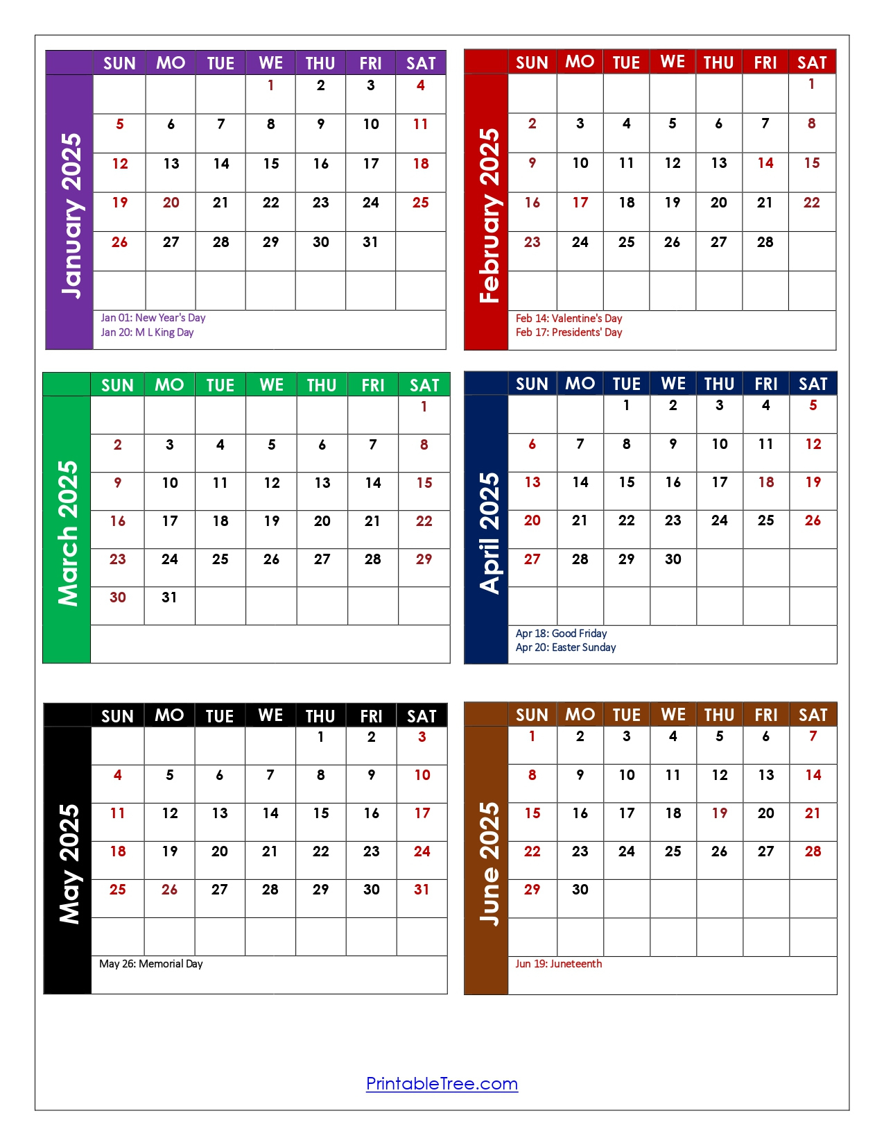 January To June 2025 Calendar Printable Pdf | Si Months Calendar | January June 2025 Calendar Printable