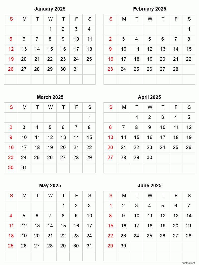 January To June 2025 Printable Calendar | Six Months Per Page | January June 2025 Calendar Printable