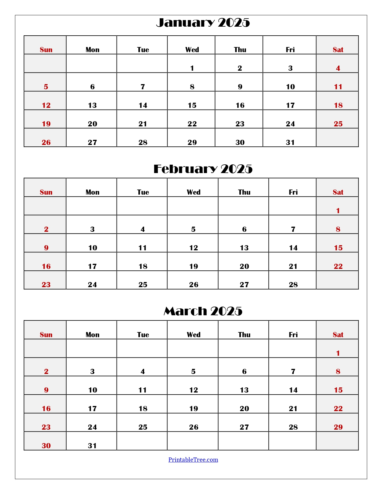 January To March 2025 Calendar | Three Months Calendar | January February March 2025 Calendar Printable