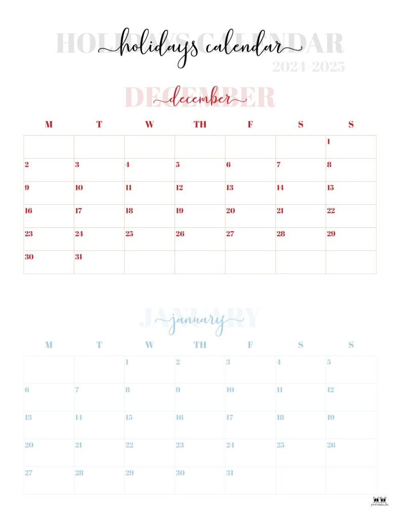 November December 2024 Calendars - 28 Printables | Printabulls | December Calendar 2024 And January 2025 Free Printable