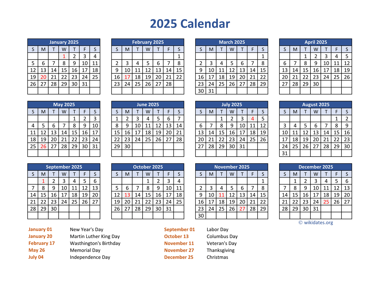 Pdf Calendar 2025 With Federal Holidays | Wikidates | Free Printable 2025 Calendar with Federal Holidays