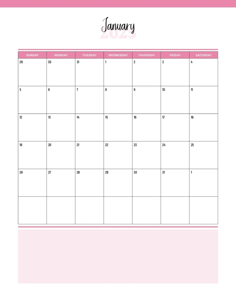 Printable January 2025 Calendars | Free Pdf Downloads | January 2025 Calendar Printable Pink