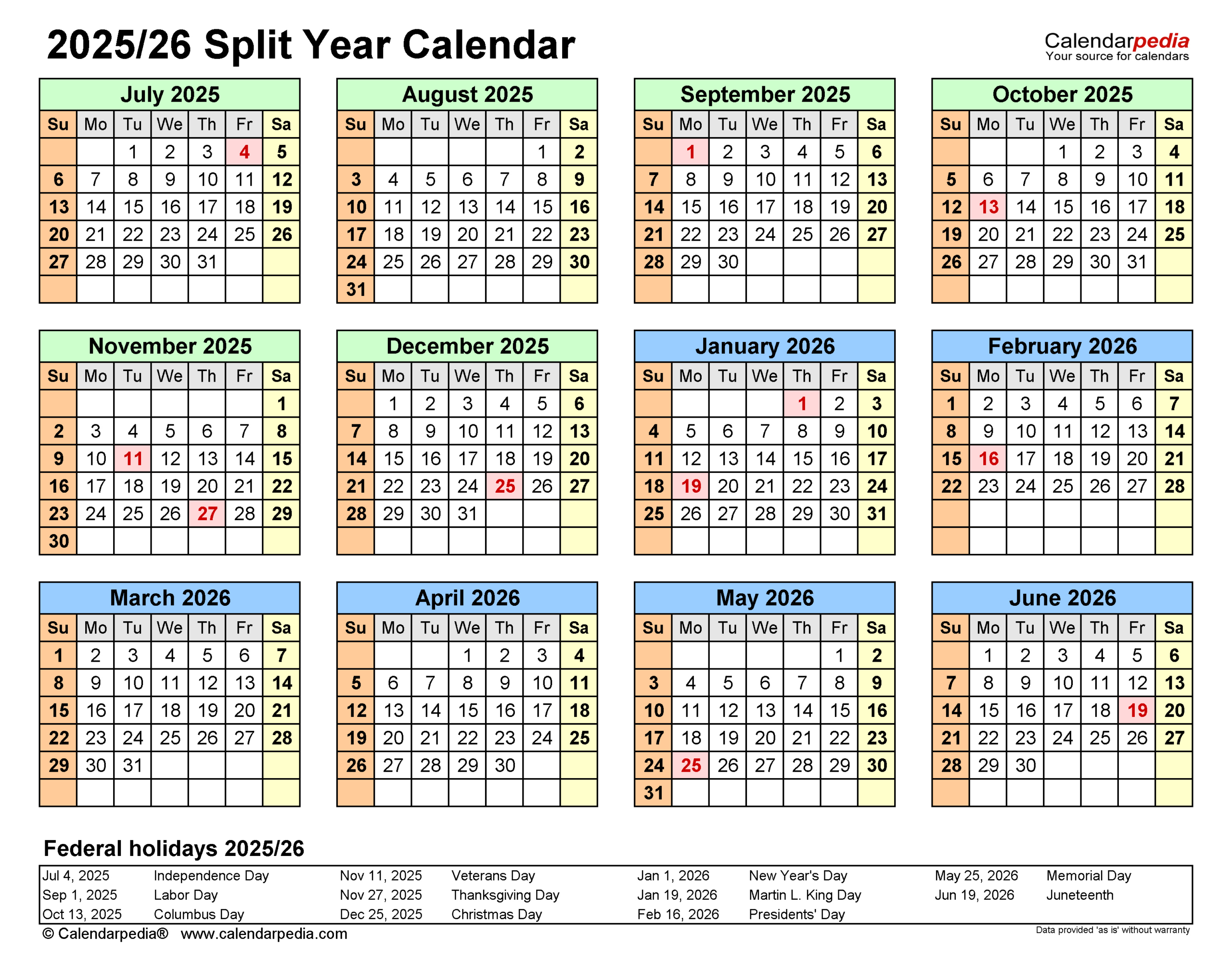 2025 and 2026 Calendar with Holidays Printable Free Printable