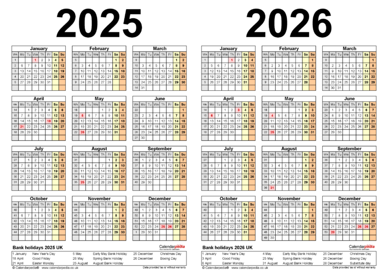 Two Year Calendars For 2025 And 2026 (Uk) For Pdf | 2025 And 2026 Calendar Printable