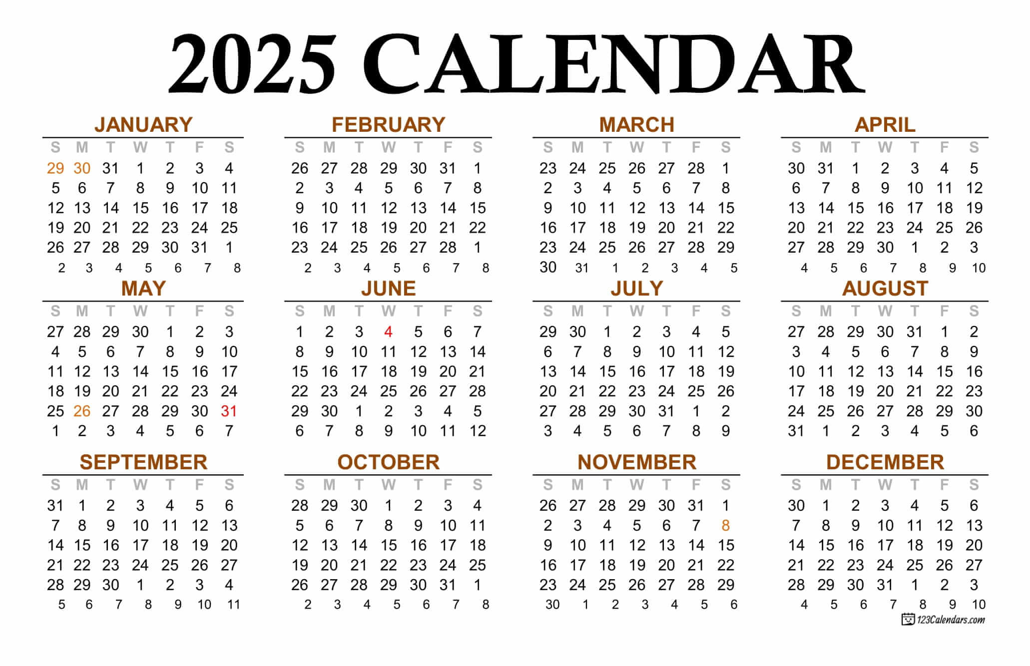 Printable Calendar For Year 2025 United States Printable Calendar 2025