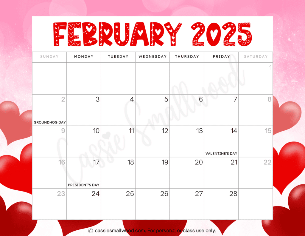 Free Printable February 2025 Calendar With Holidays Printable