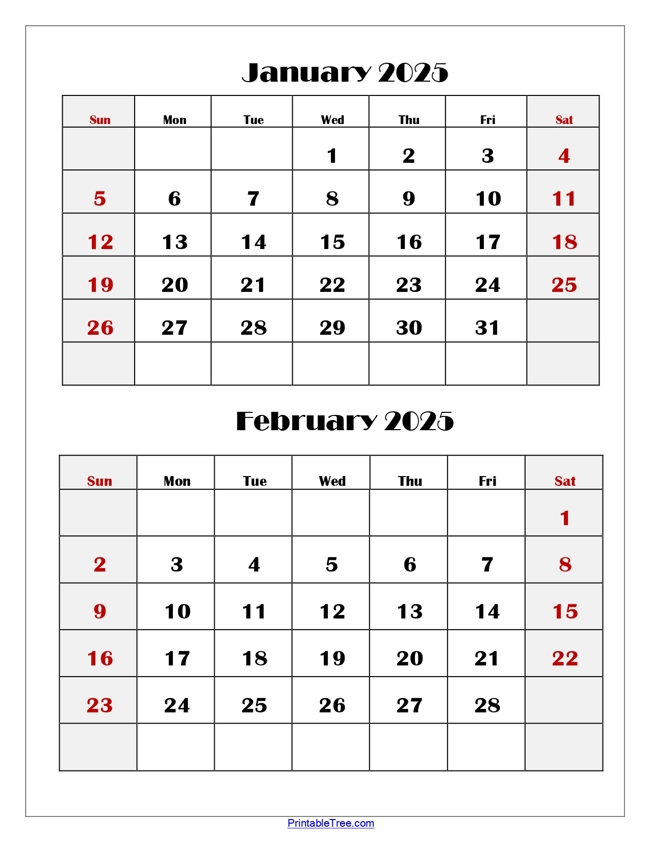 January and February Calendar 2025 Printable Printable Calendar 2025