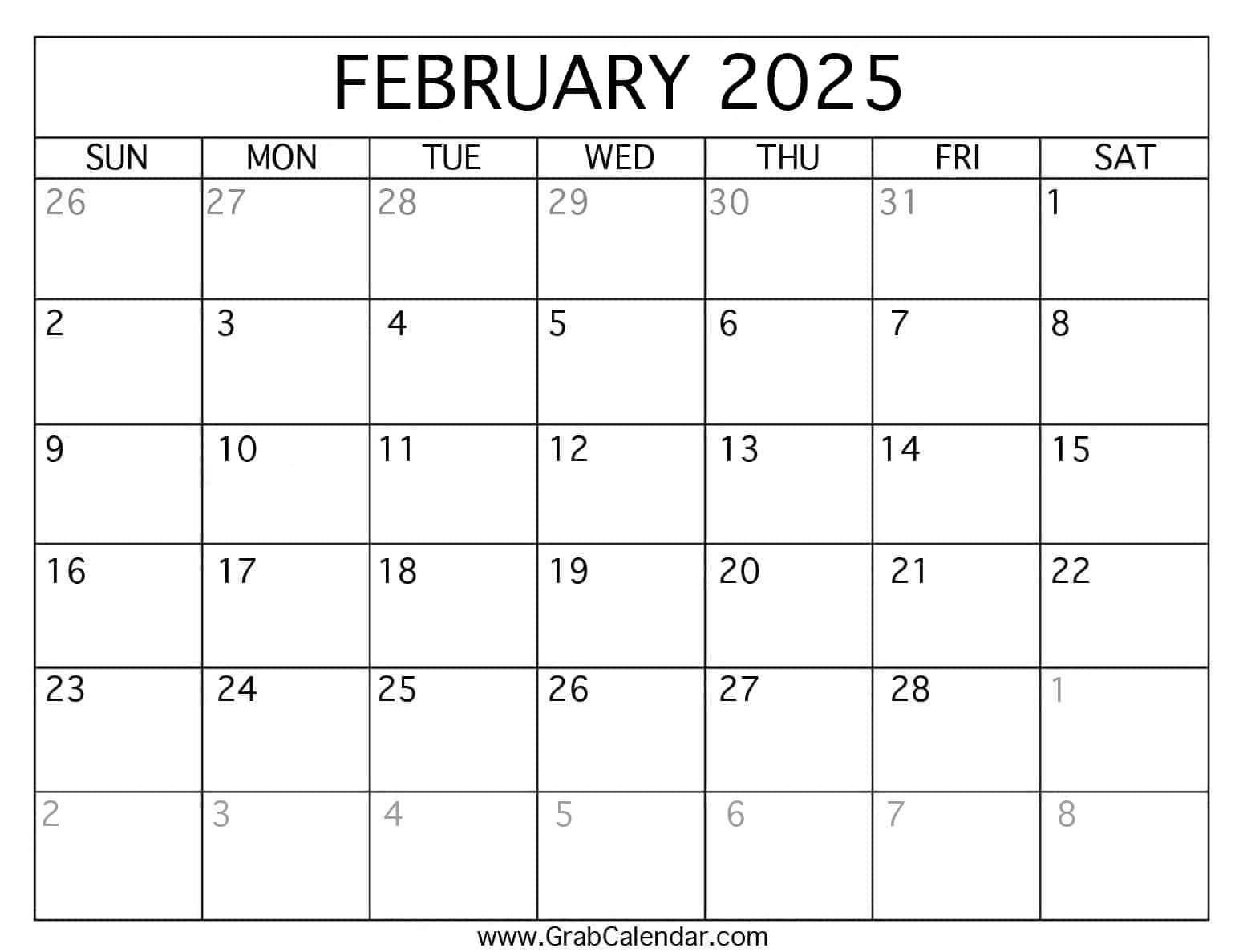 2025 Calendar February Month Printable Calendar 2025