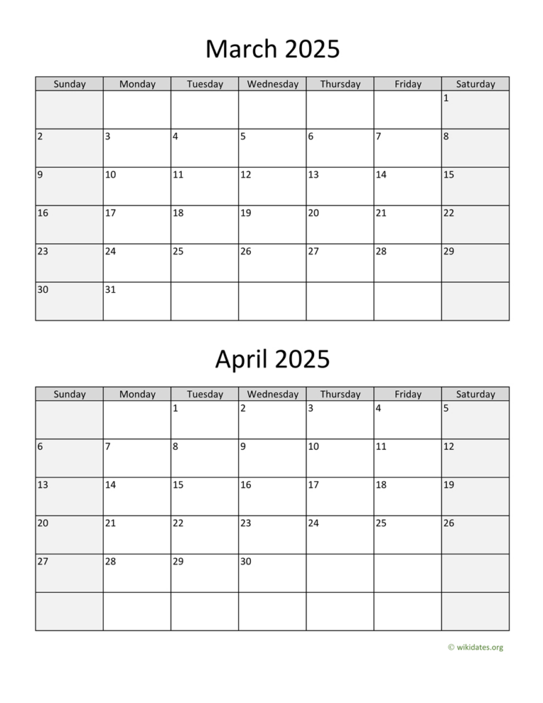 March And April 2025 Calendar | Wikidates | March April 2025 Calendar