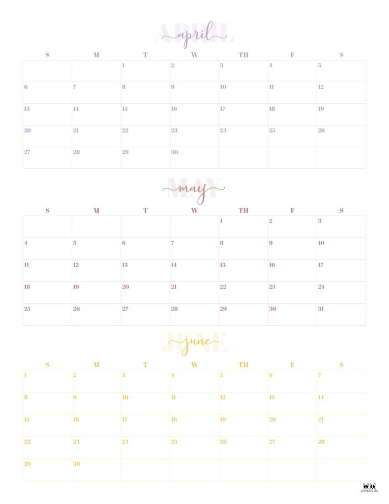 2025 Three Month/Quarterly Calendars - 36 Free Cals | Printabulls | Printable 3 Month Calendar 2025 April May June