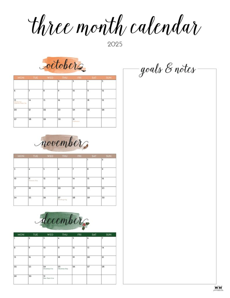 2025 Three Month/Quarterly Calendars - 36 Free Cals | Printabulls | Printable 3 Month Calendar 2025 April May June