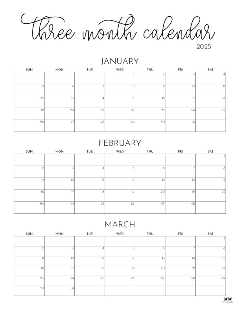 2025 Three Month/Quarterly Calendars - 36 Free Cals | Printabulls | Printable 3 Month Calendar 2025 April May June