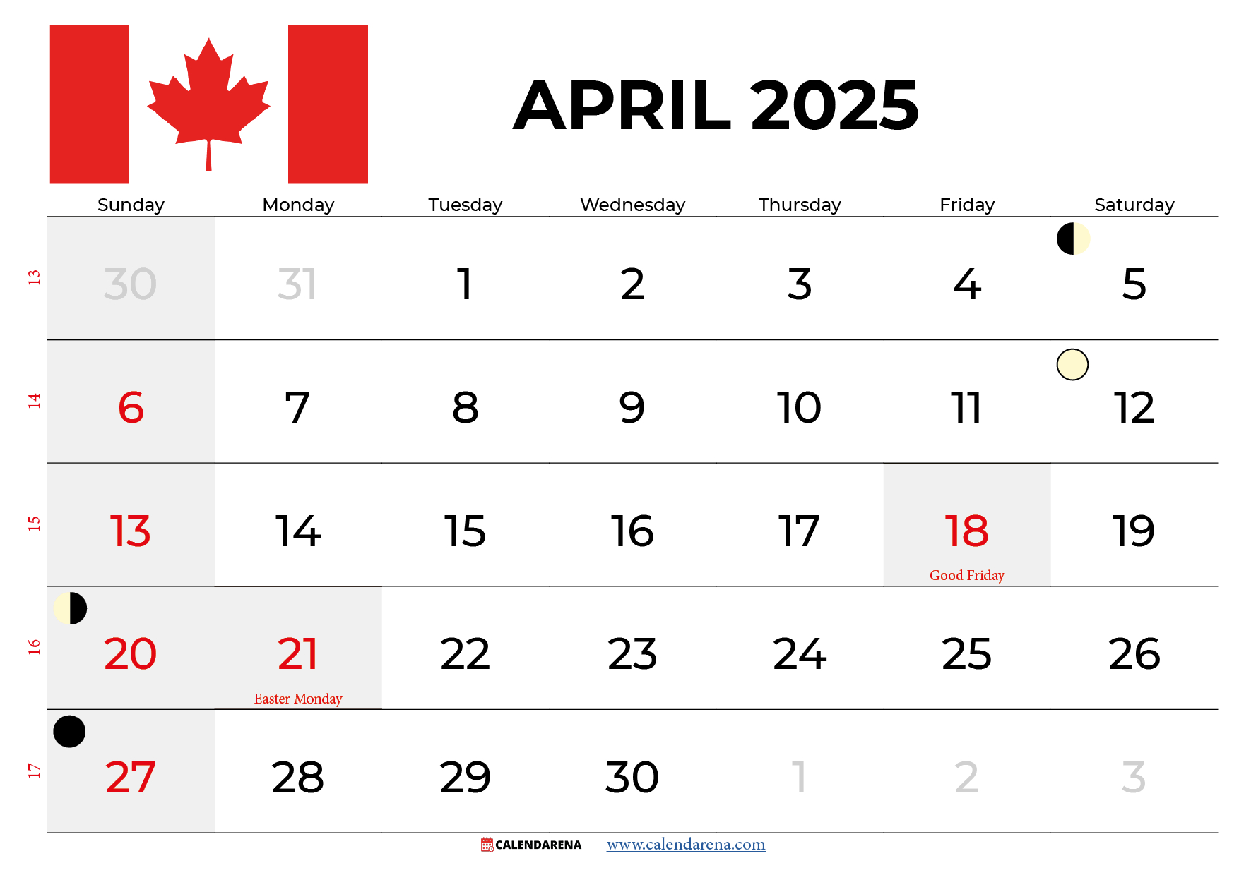 April 2025 Calendar - Canada | April 2025 Canadian Calendar Printable