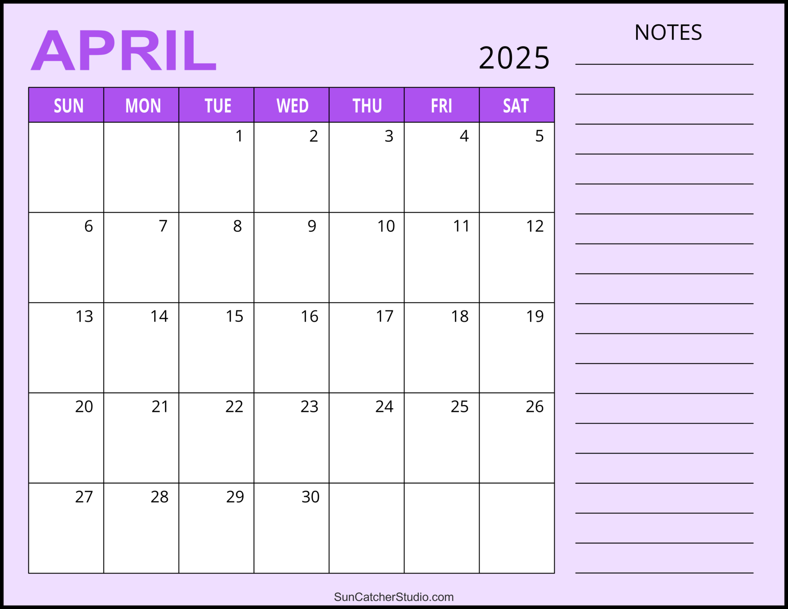 April 2025 Calendar (Free Printable) – Free Printables, Monograms | April 2025 Printable Calendar with Notes