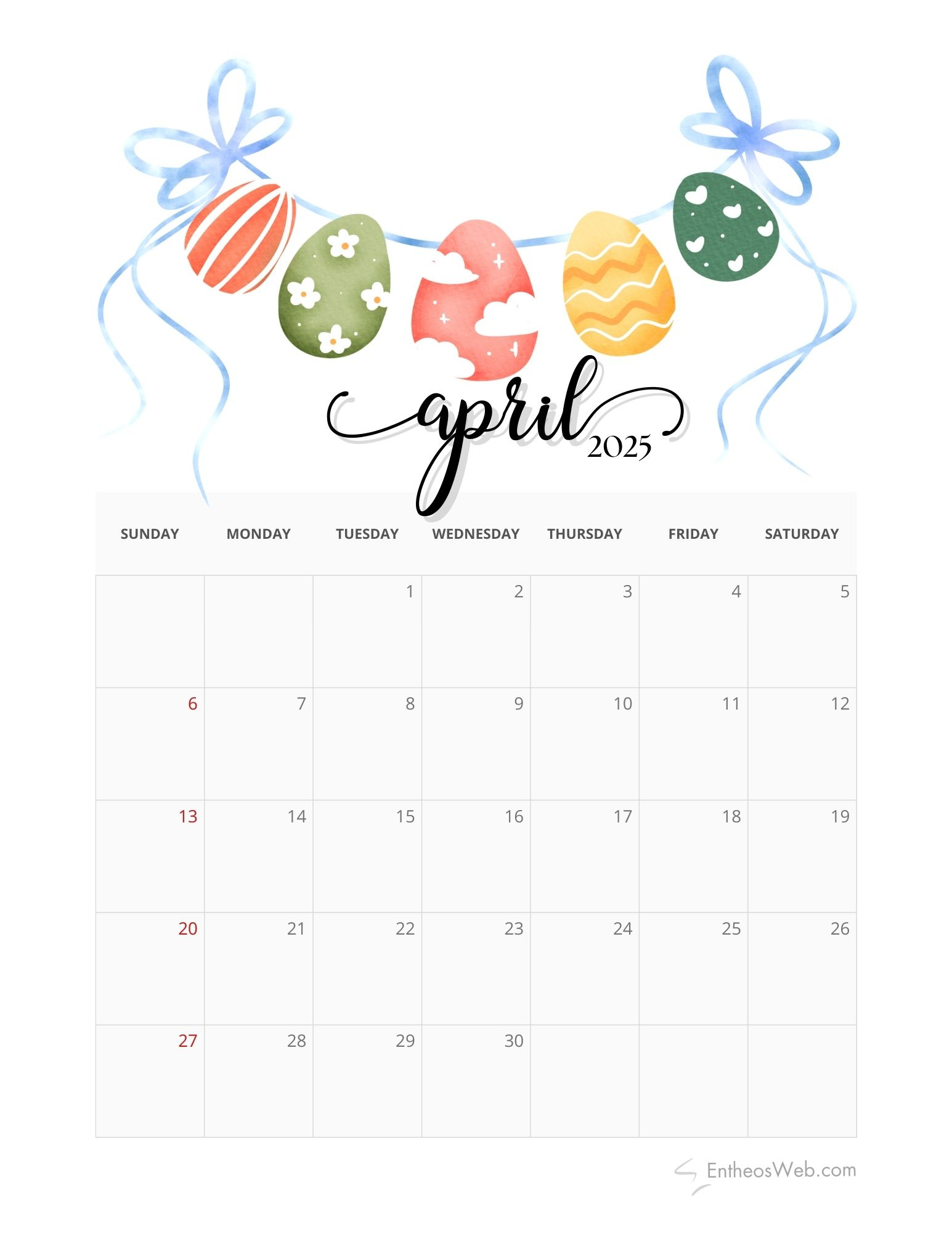 April 2025 Calendar Printables | Entheosweb | April 2025 Calendar Easter Printable