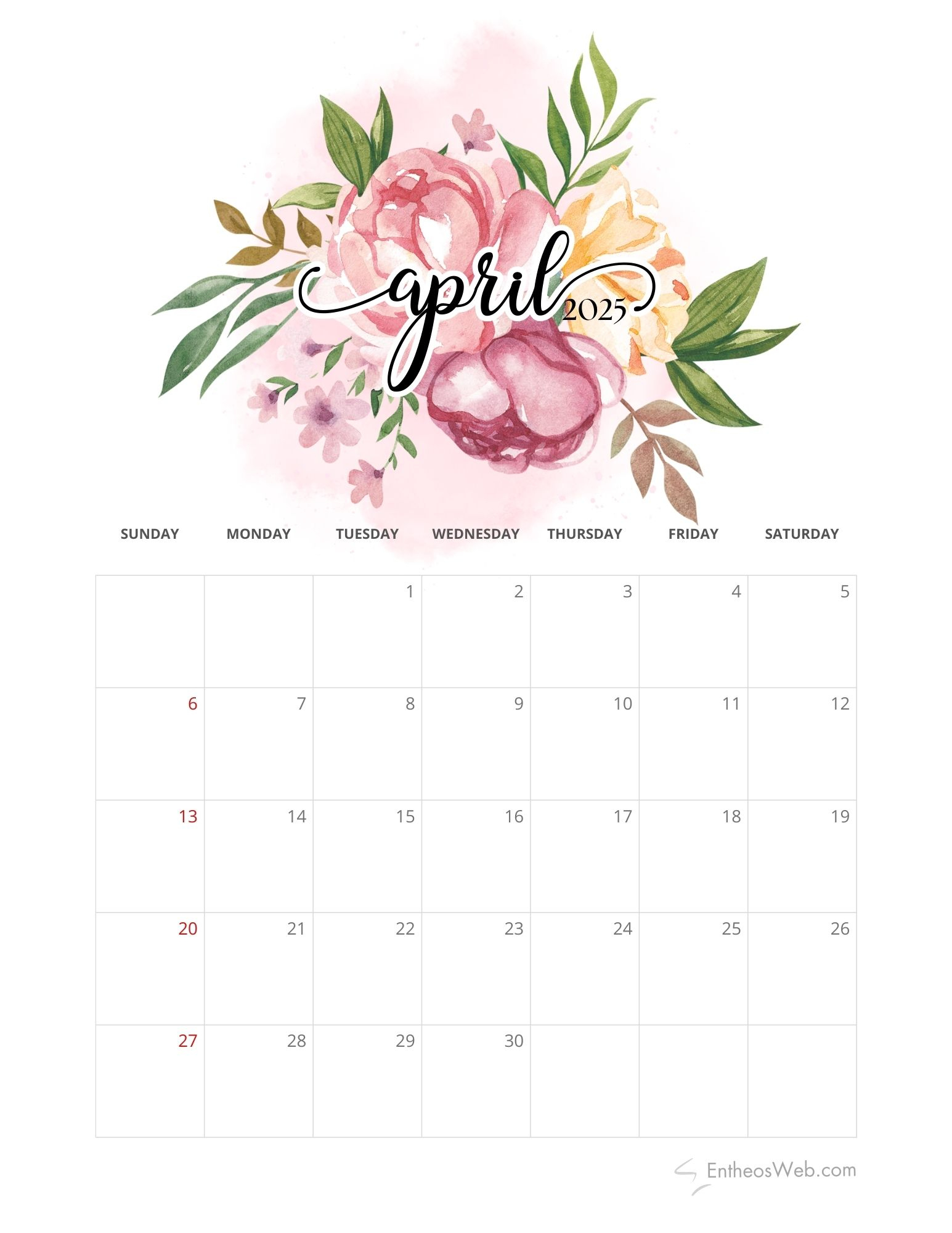 April 2025 Calendar Printables | Entheosweb | April 2025 Printable Calendar Flowers