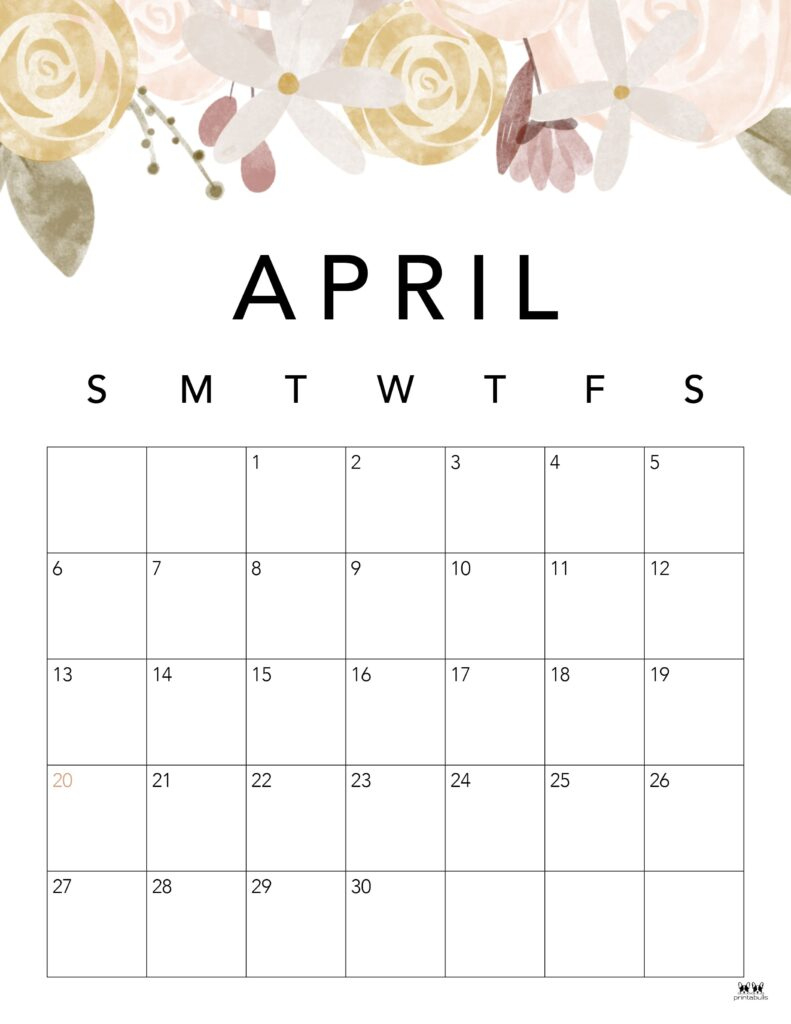 April 2025 Calendars - 107 Free Printables | Printabulls | April 2025 Printable Calendar Flowers