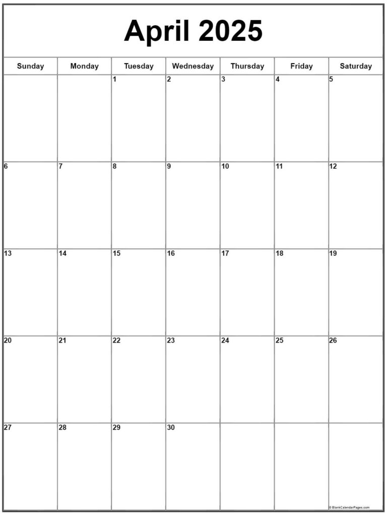 April 2025 Vertical Calendar | Portrait | April 2025 Calendar Printable Portrait