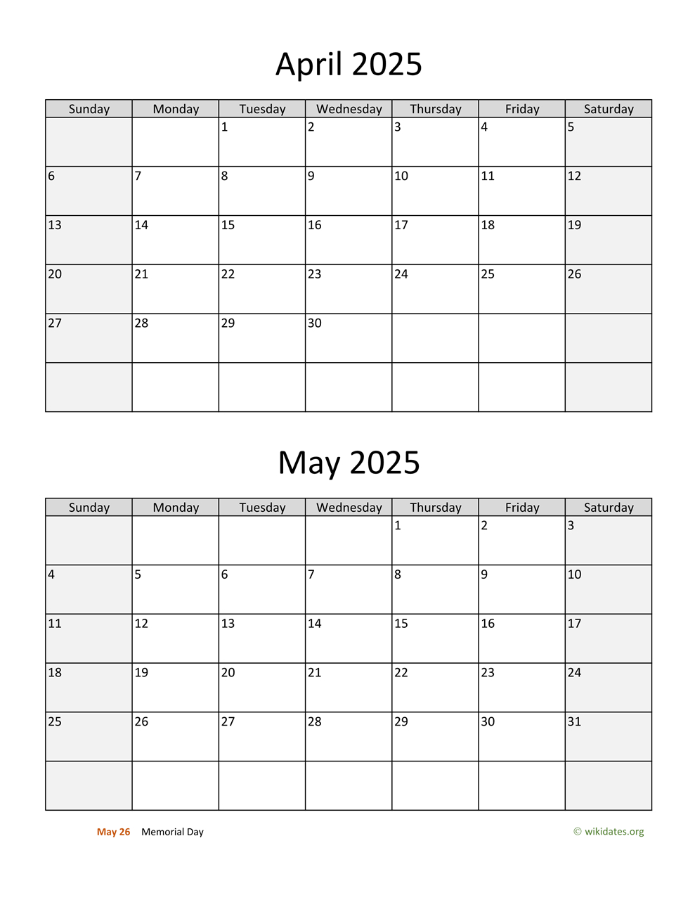 April And May 2025 Calendar | Wikidates | Printable April and May Calendar 2025