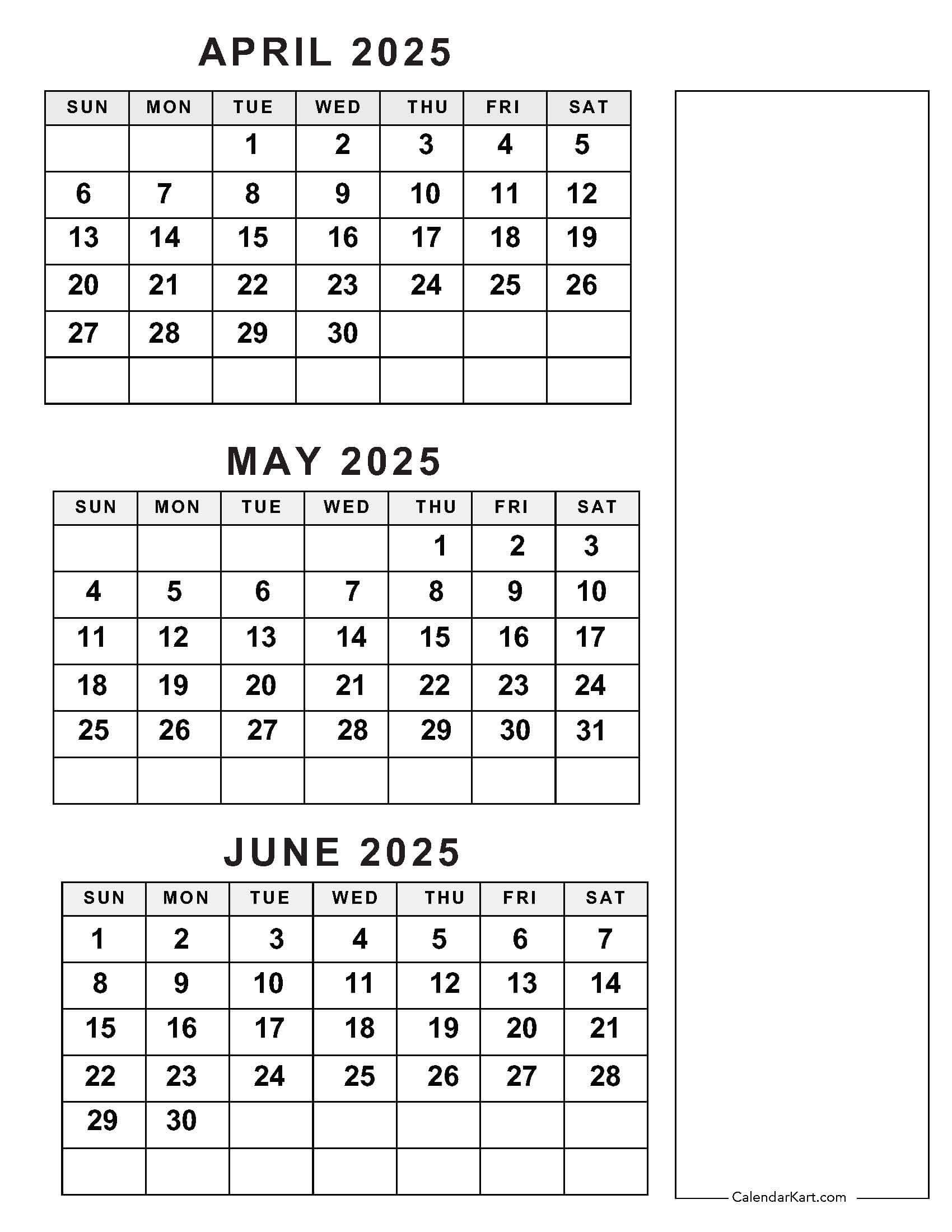 April To June 2025 Calendars (Q2): Free Printables | Printable 3 Month Calendar 2025 April May June