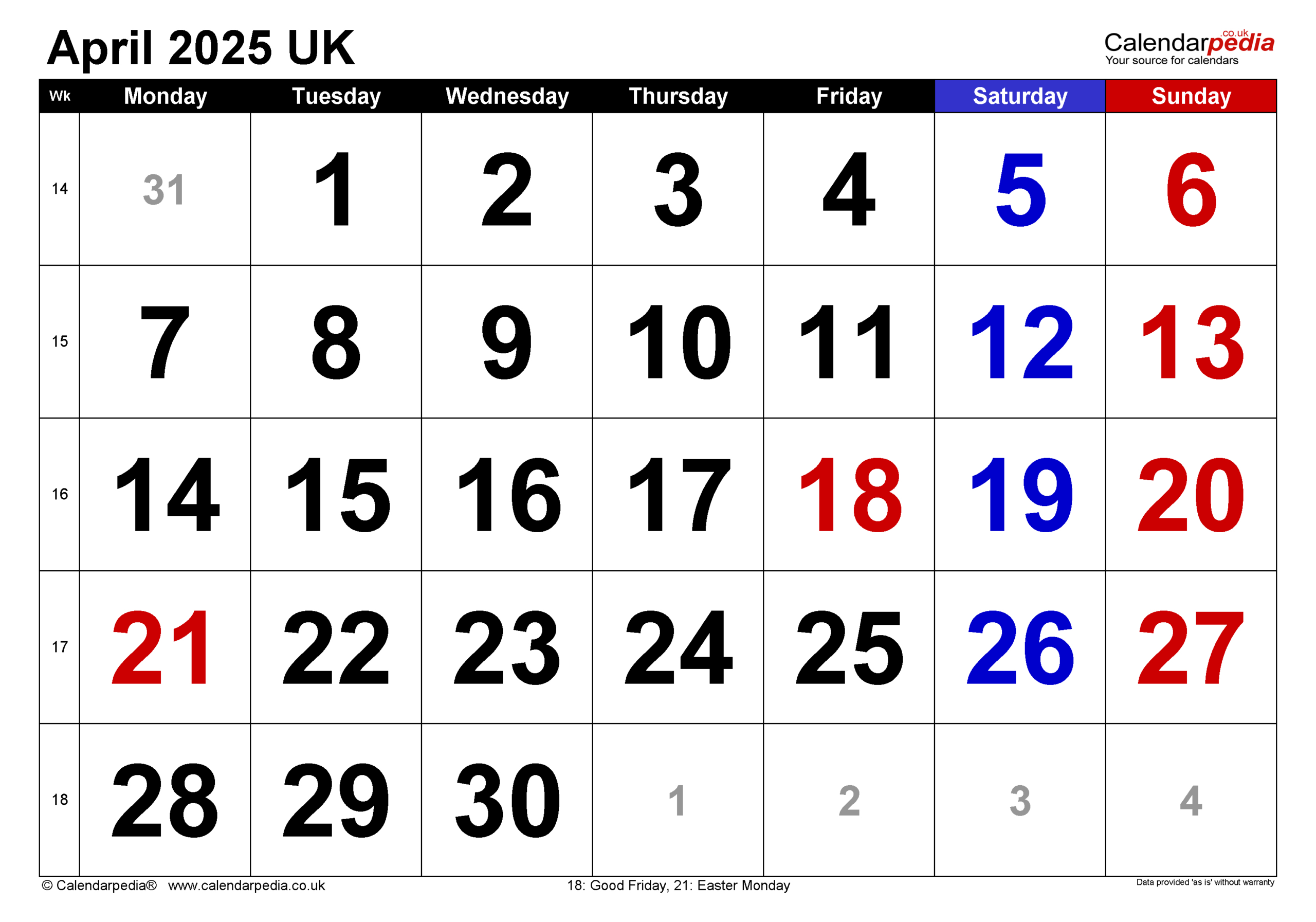 Calendar April 2025 Uk With Excel, Word And Pdf Templates | 2025 Calendar Printable April