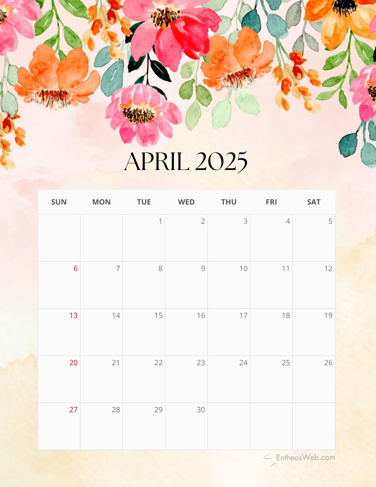 Floral Monthly 2025 Calendar Free Pdf Printable | Entheosweb | April 2025 Printable Calendar Flowers