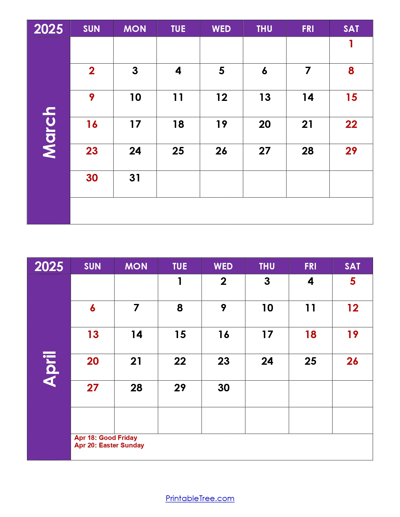 March And April 2025 Calendar Printable | Two Months Calendar | Printable Calendar April 2025 To March 2026