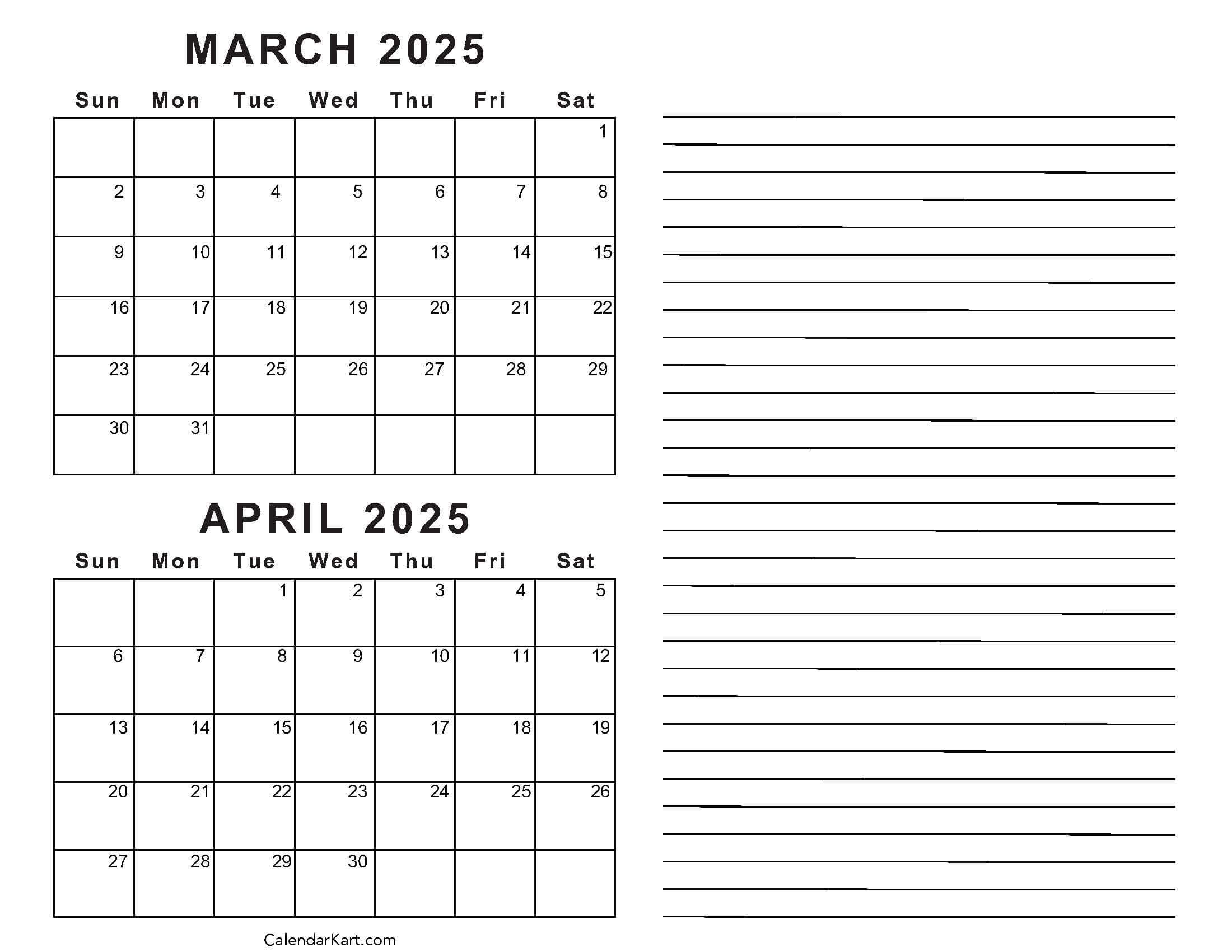 Printable March April 2025 Calendar | Calendarkart | Printable Calendar 2025 March April May