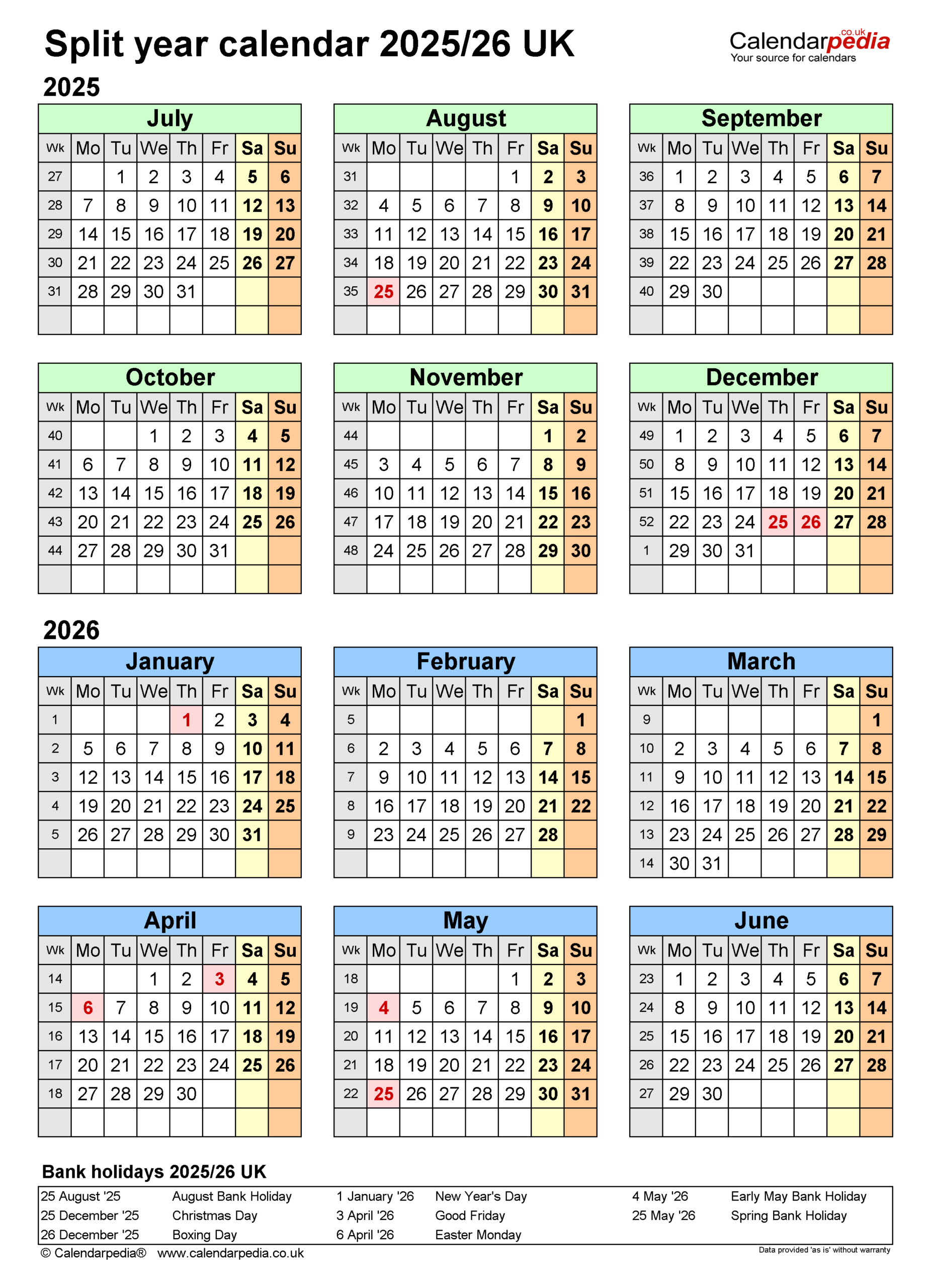 Split Year Calendars 2025/26 Uk (July To June) For Pdf | Printable Calendar April 2025 To March 2026